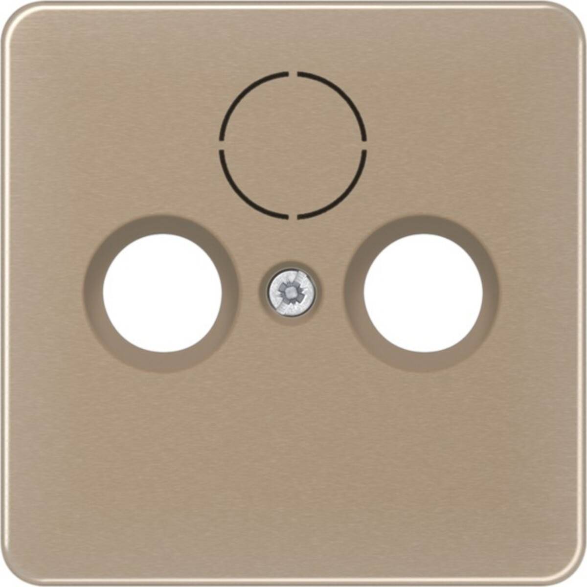 Ein beige farbener quadratischer Steckdosendeckel mit zwei runden Löchern, einer zentralen Schraube und einem kreisförmigen Design an der Oberseite.