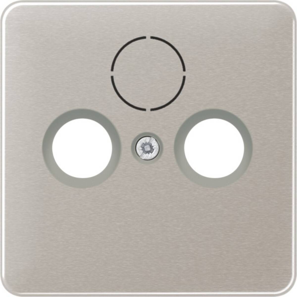 Eine Edelstahl-Wandplatte mit einer zentralen kreisrunden Schraube und zwei leeren kreisförmigen Ausschnitten, die eine Steckdosenabdeckung darstellt.