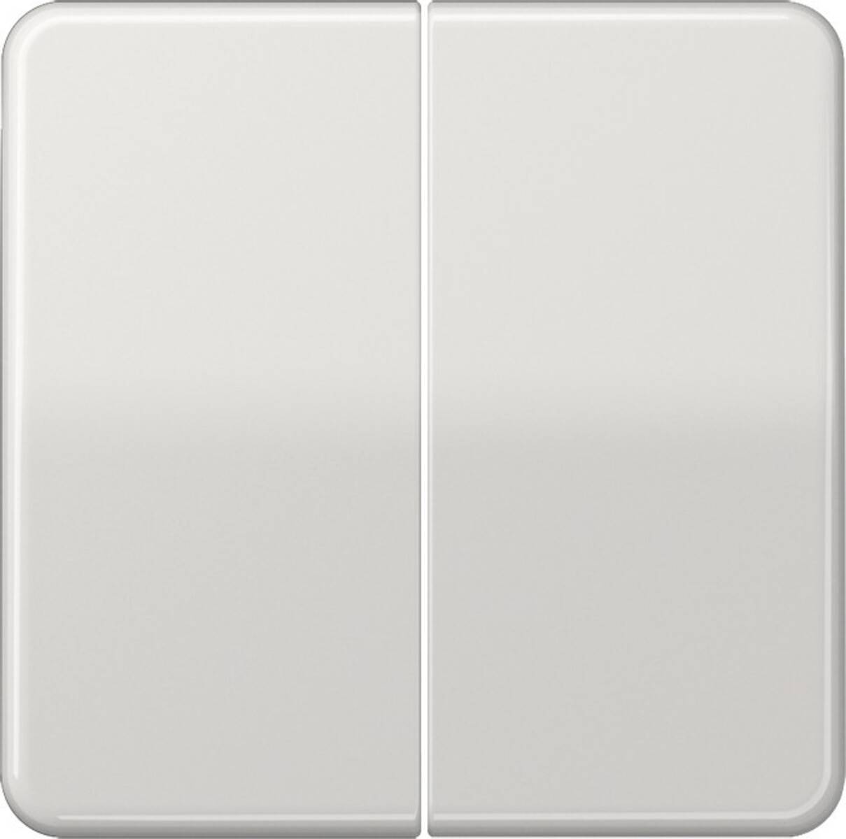 Ein Nahaufnahmebild eines Doppellichtschalters mit minimalistischem, weißem Design und abgerundeten Ecken, montiert auf einer glänzenden weißen Wand.