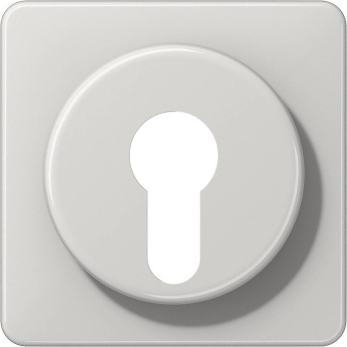 Eine weiße quadratische Sicherheitsschließblende mit einem zentralen Schlüssellochausschnitt, die entwickelt wurde, um einen Schließmechanismus zu verbergen und zu schützen.