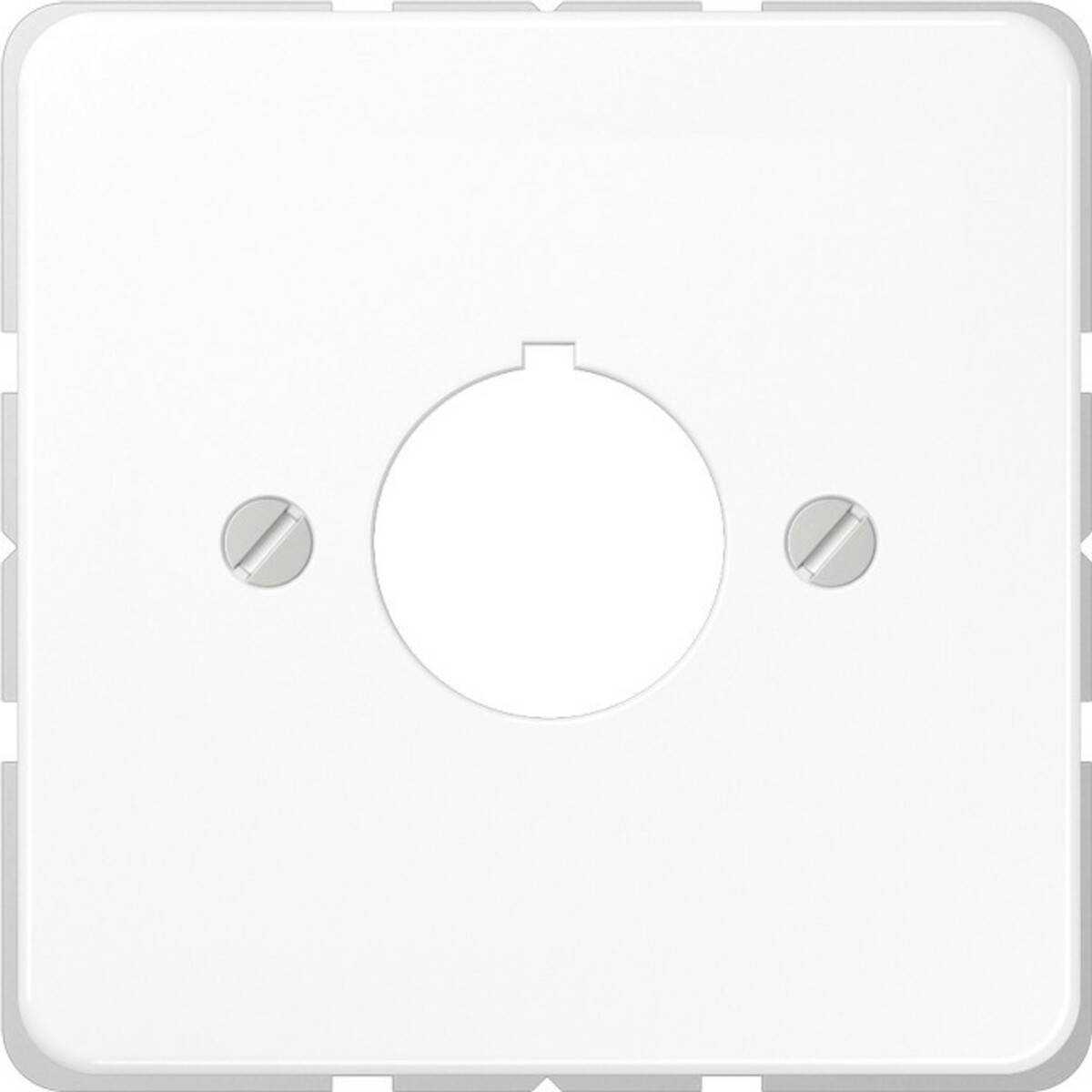 Eine leere weiße quadratische Abdeckplatte mit zwei Schrauben und einem zentralen Loch zur Befestigung einer kreisförmigen Komponente, die üblicherweise für Steckdosen oder Schalter verwendet wird.