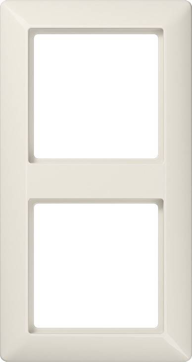 Eine Nahaufnahme eines weißen, vertikalen Kunststoffrahmens mit zwei rechteckigen Ausschnitten, möglicherweise zum Halten von Platten oder Abdeckungen.