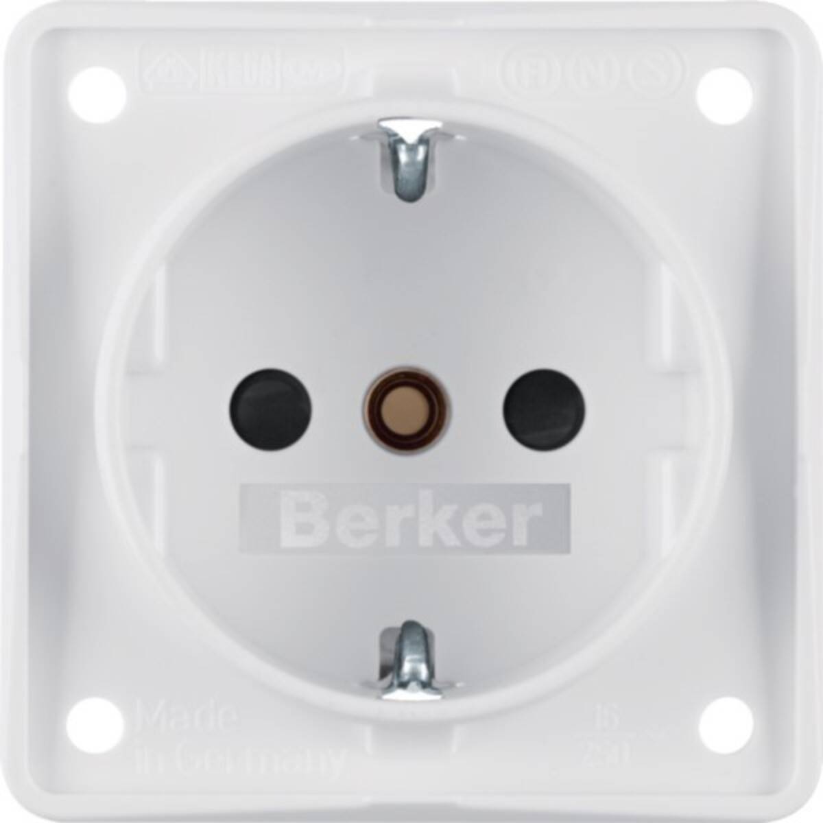 Weiße Berker Elektrosteckdose mit zwei runden Stiftkontakten und Erdungskontakt in der Mitte.