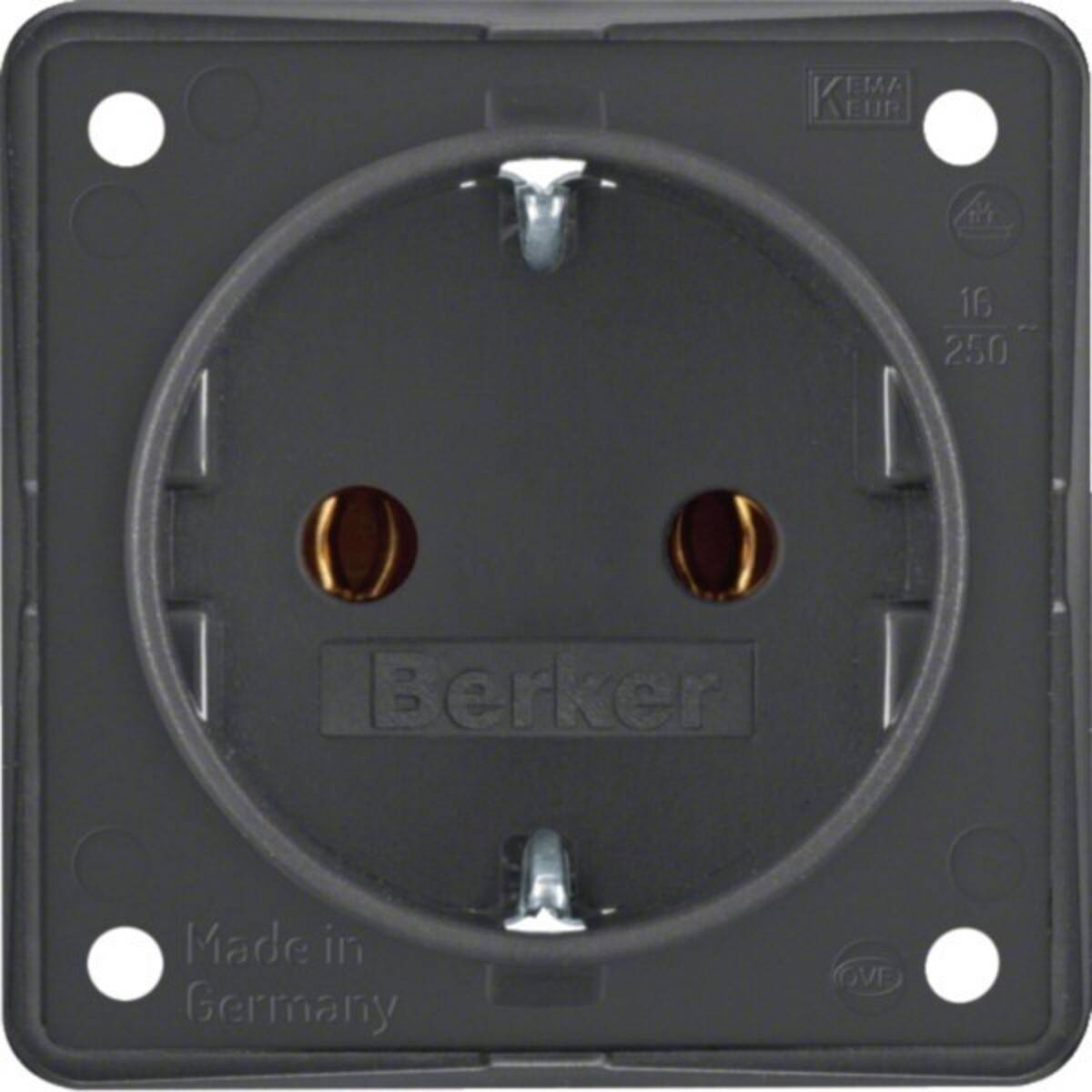 Dunkelgraue deutsche Elektrosteckdose mit zwei runden Steckerlöchern und Befestigungsschrauben, Marke 'Berker'.