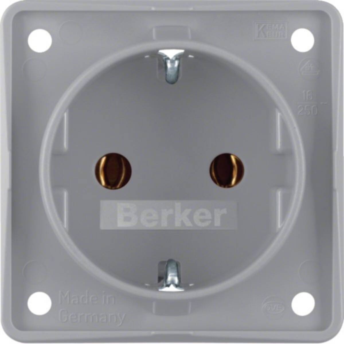 Graue Elektrosteckdose mit zwei runden Steckplätzen und Befestigungsschraubenlöchern, Marke Berker.