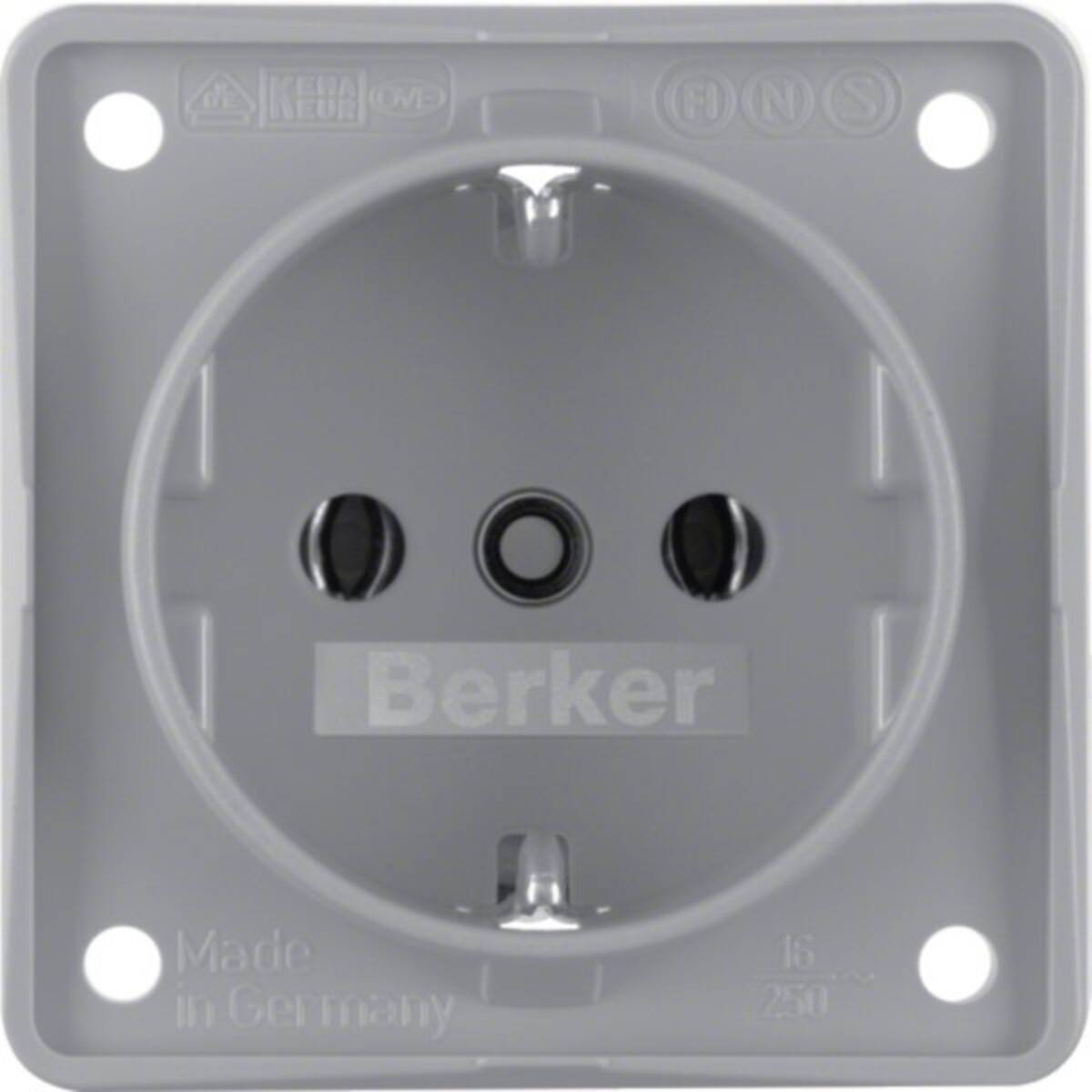 Grauer Berker Elektro-Wandsteckdose mit zwei runden Steckplätzen, zentralem Schutzleiterkontakt und Befestigungslöchern an den Ecken.