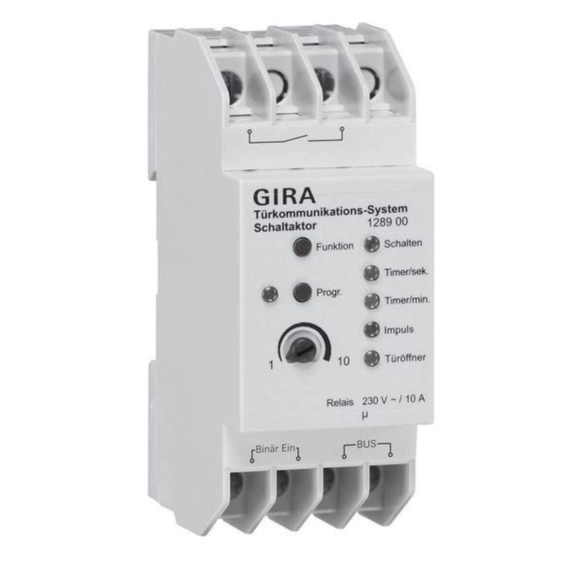 Ein GIRA-Türkommunikationssystem-Schaltaktuator mit mehreren Anschlussanschlüssen und gekennzeichneten Funktionen für Programmierung und Funktionseinstellungen.