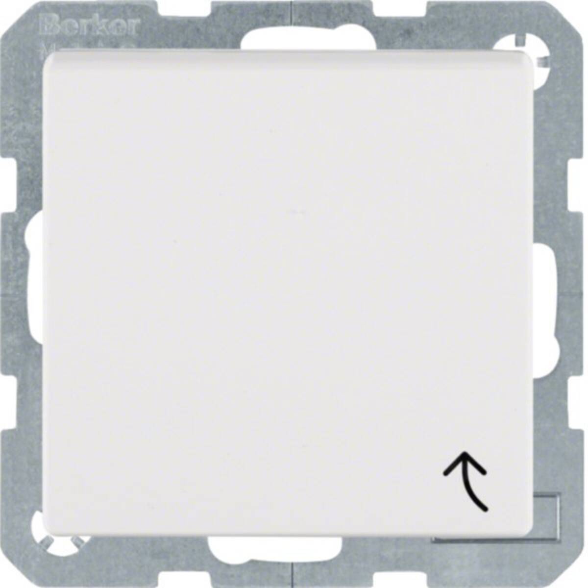 Weiße quadratische Wandschalter mit einem nach oben zeigenden Pfeilsymbol, montiert auf einem metallischen Elektrorahmen.