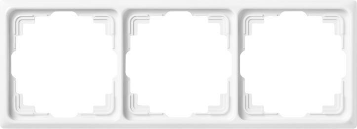 Ein weißer, dreifach-Rahmen zum Halten von elektrischen Geräteabdeckungen, mit minimalistischem Design und abgerundeten Kanten, vor einem schlichten Hintergrund platziert.