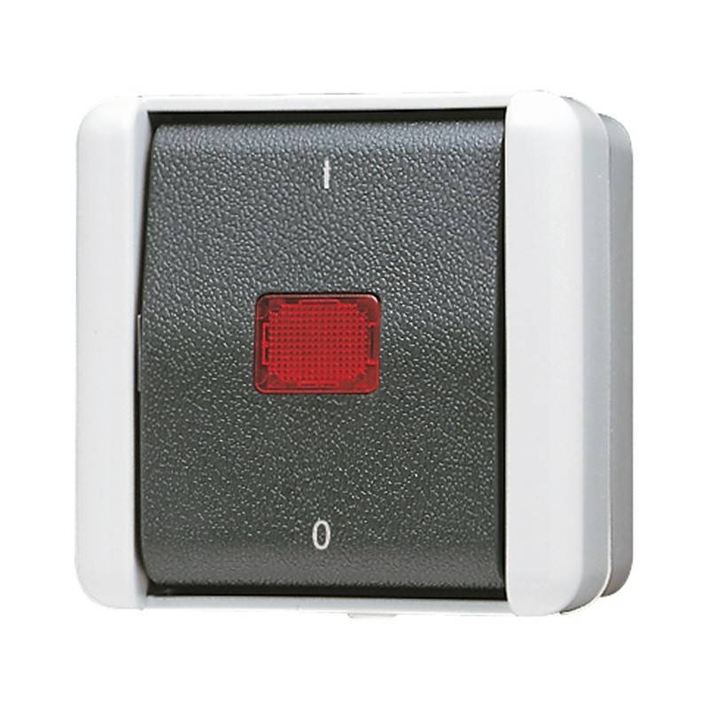 Ein Netzschalter mit einer roten Anzeige in der Mitte, umgeben von einem weißen Rahmen. Der Schalter ist mit ‚I' für ein und ‚O' für aus beschriftet.