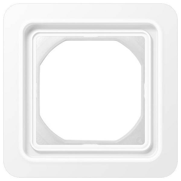 Ein weißer quadratischer elektrischer Wandschalterrahmen mit einer zentralen Aussparung, der zum Einbau eines Schalters oder einer Steckdose ausgelegt ist.