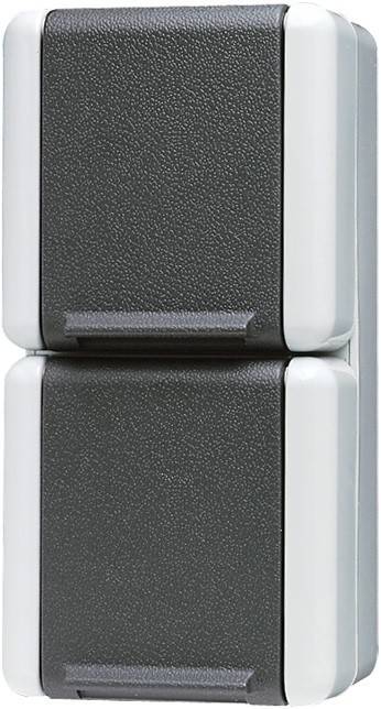 Eine Nahaufnahme eines grauen Doppellichtschalters mit strukturierter Oberfläche, umgeben von einem weißen Rahmen, an einer Wand montiert.