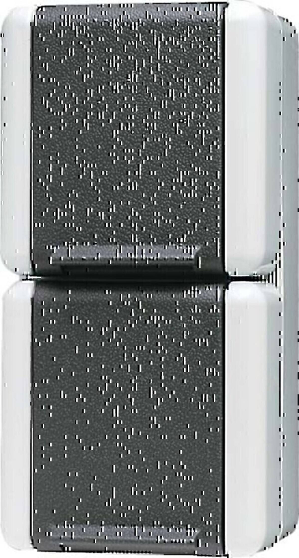 Ein modulares elektronisches Gerät mit einer dunkel perforierten Frontplatte und weißen Seitenzugehörungen, dargestellt in zwei verbundenen Stapelsektionen.