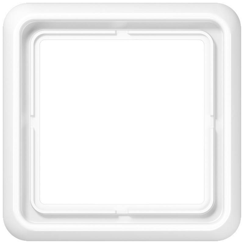 Ein schlichter weißer, quadratischer Rahmen mit abgerundeten Kanten, möglicherweise eine Lichtschalterabdeckung oder ein Dekorpanel.