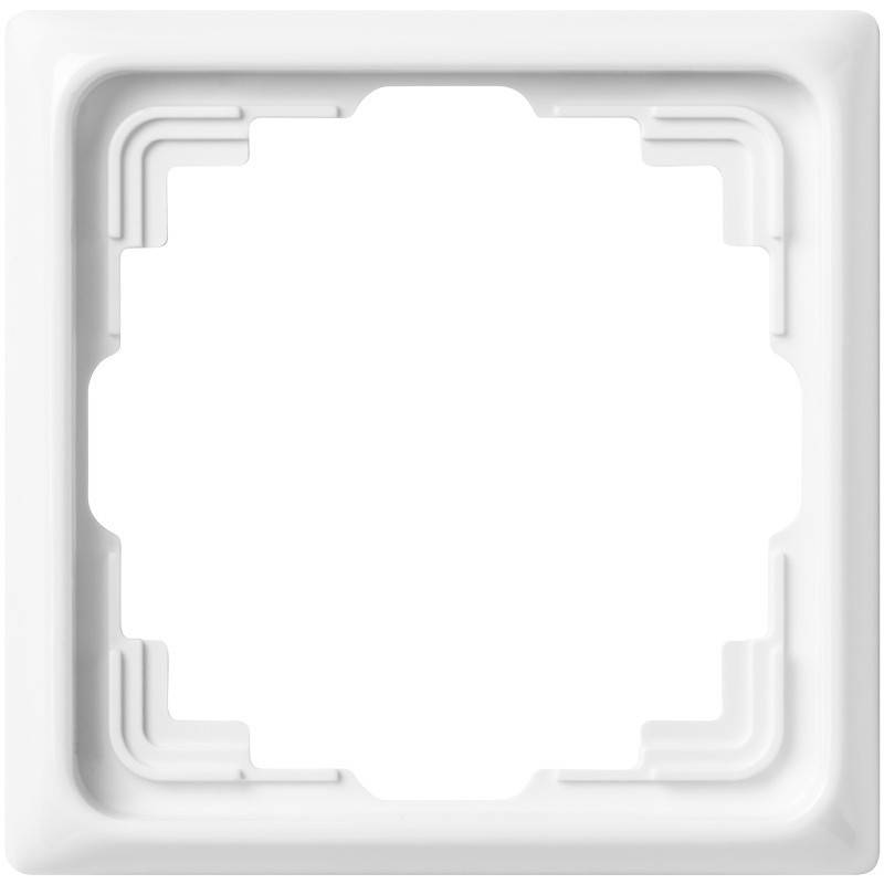Ein weißer Kunststoffrahmen mit einem quadratischen Ausschnitt in der Mitte, der abgerundete Ecken und gestaffelte Stufen zur Unterstützung einer Einbaukomponente oder eines Geräts aufweist.