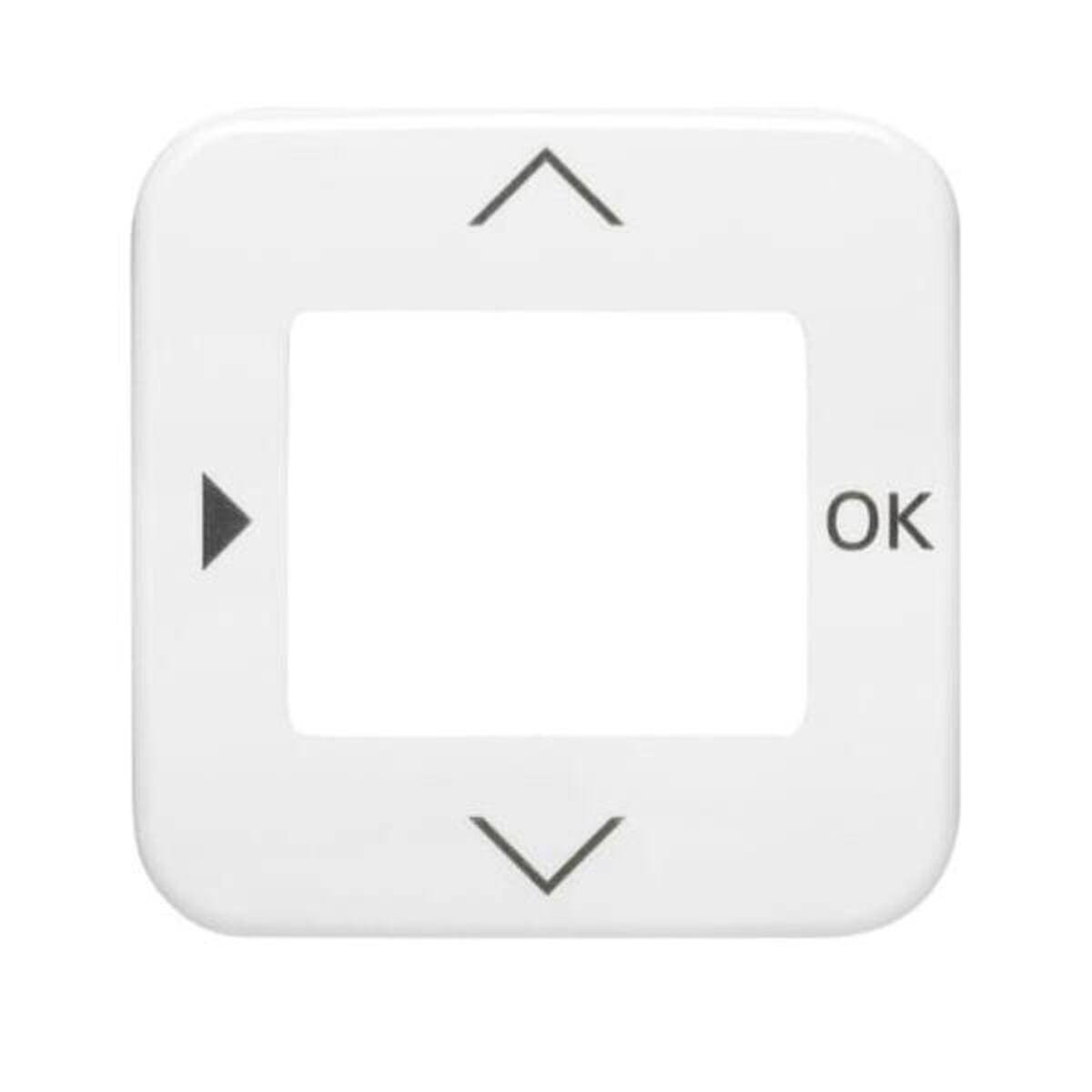 Eine weiße Vier-Richtungs-Navigationstaste mit Pfeilen, die nach oben, unten und links zeigen, sowie dem Wort 