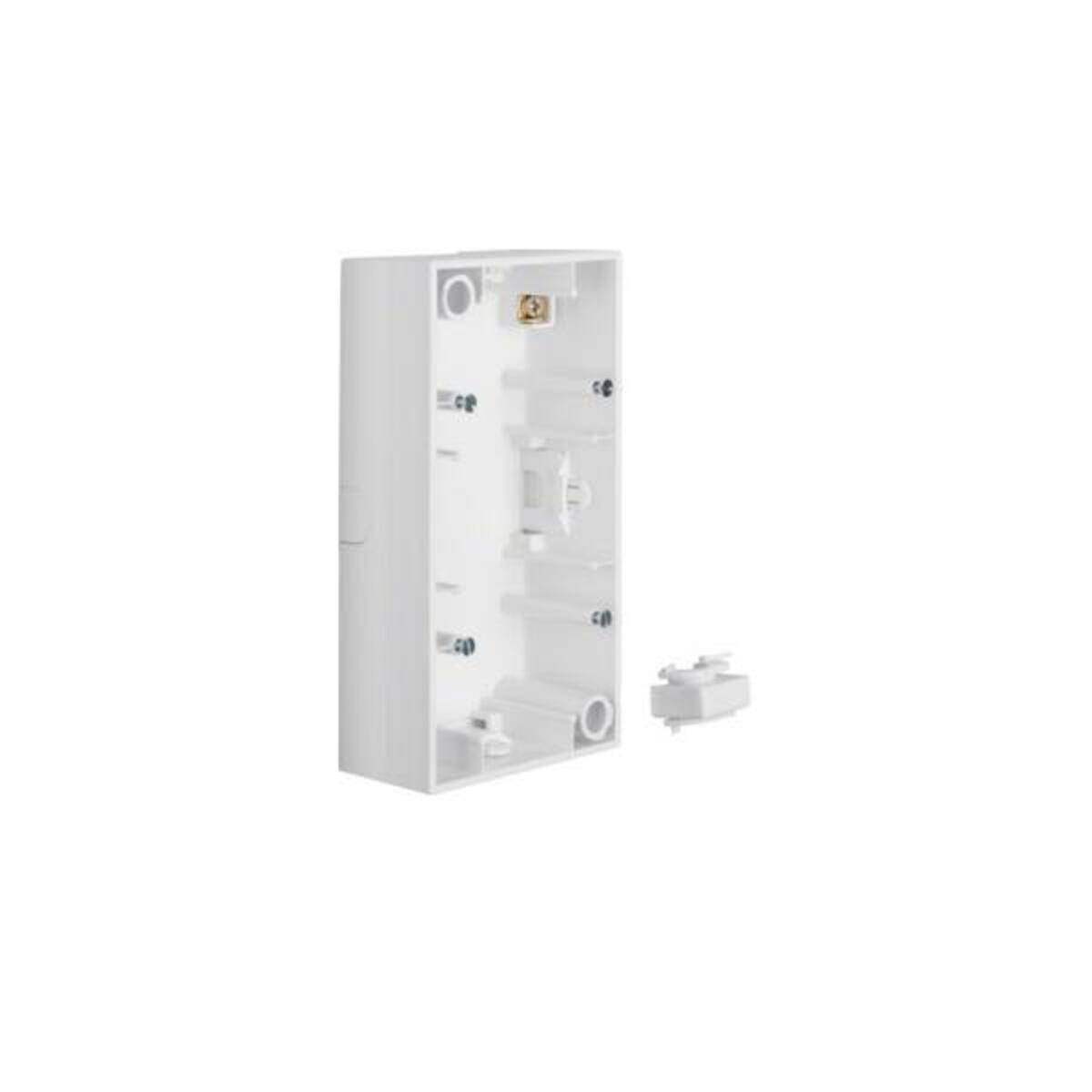 Eine weiße rechteckige elektrische Einbaudose mit sichtbaren Schraubenlöchern und einem Anbauteil an der Seite.