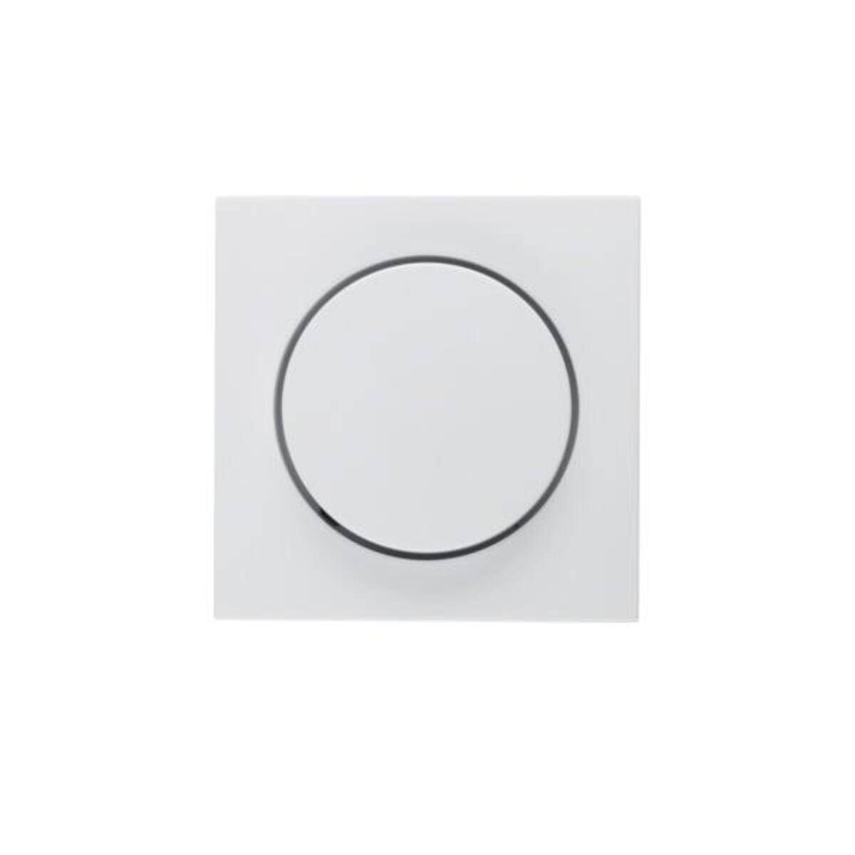Ein weißer, kreisförmiger Drehknopf auf einem quadratischen Lichtschalter, der vor einem weißen Hintergrund dargestellt ist.