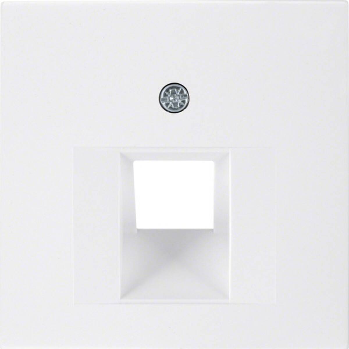 Weiße Wandabdeckung mit einem einzelnen rechteckigen Kabelanschluss in der Mitte, konzipiert für Netzwerk- oder Telefonverkabelung.