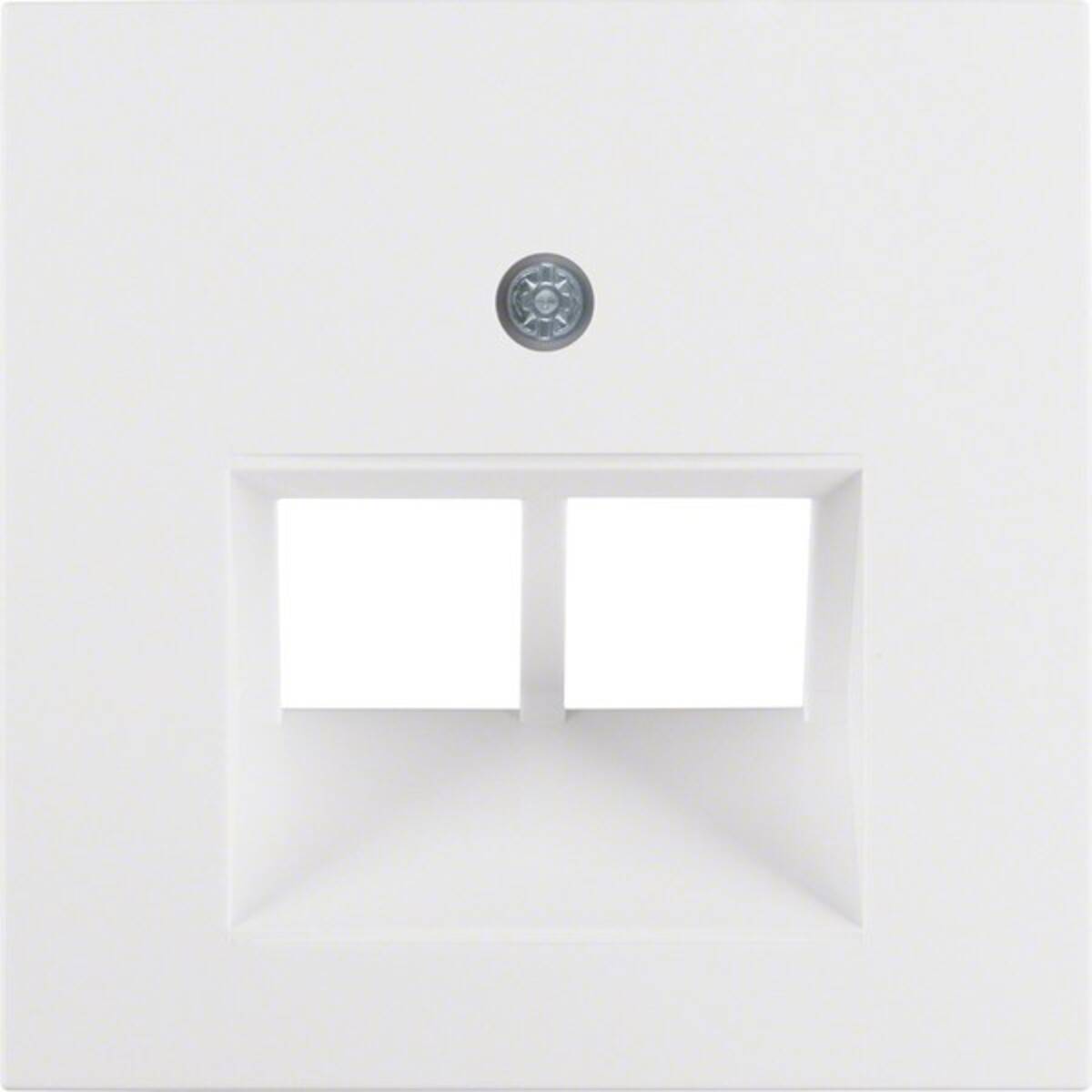 Eine weiße Wandabdeckung mit zwei Anschlüssen und zwei rechteckigen Öffnungen für Netzwerk- oder Telefonanschlüsse.
