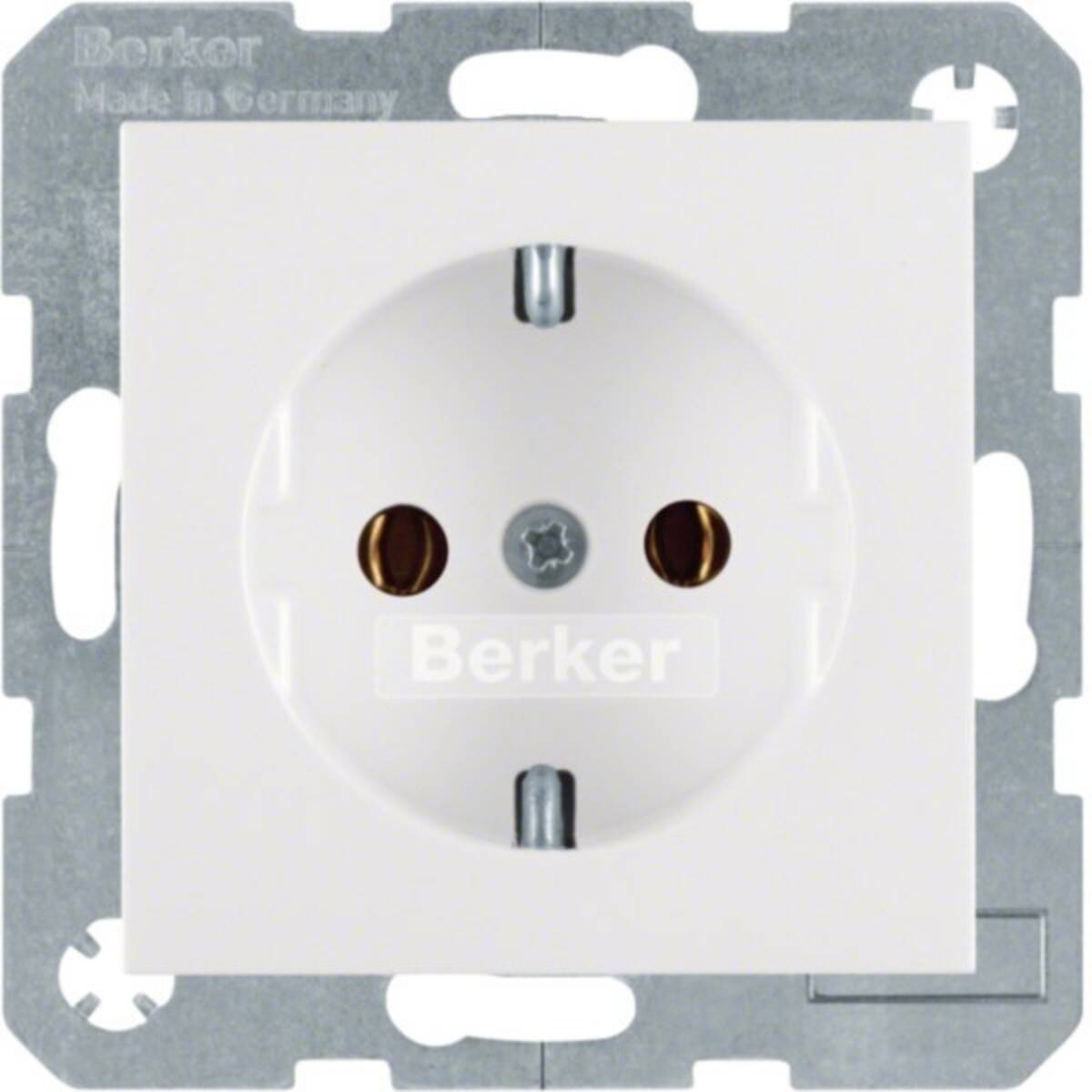 Weiße Berker Elektrosteckdose mit Metallmontagrahmen, zentrierte Vorderansicht.