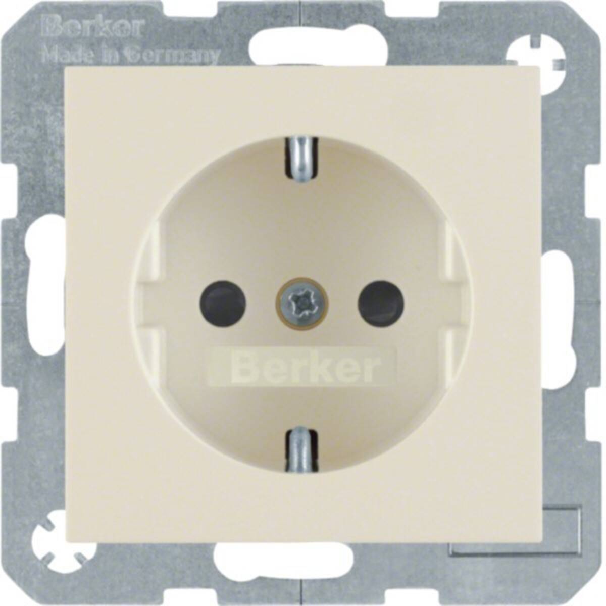 Beige Berker Wandsteckdoseneinsatz mit zwei runden Steckplätzen und Metallmontagrahmen, Vorderansicht.