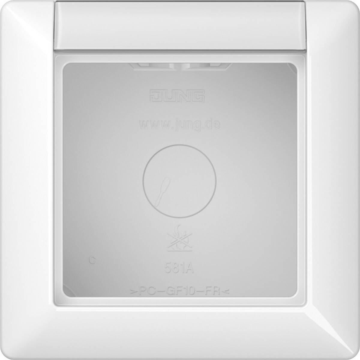 Ein weißer, wandmontierter Lichtschalter mit einem einfachen, modernen Design verfügt über einen einzelnen quadratischen Knopf in der Mitte.