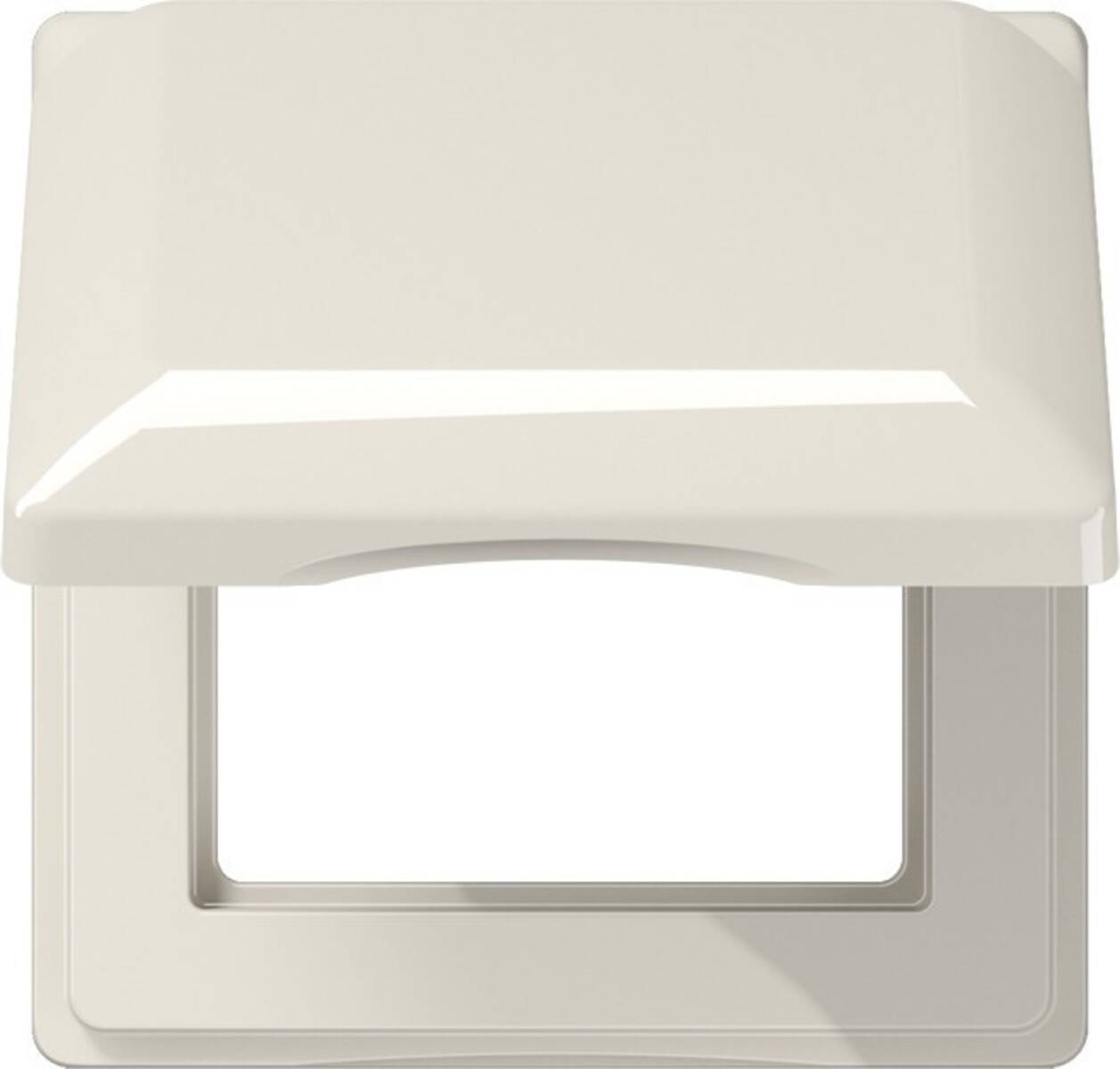 Eine beige quadratische Wandsteckdosenabdeckung mit einer rechteckigen Öffnung in der Mitte, vorgesehen für die Installation eines elektrischen Schalters oder einer Steckdose.