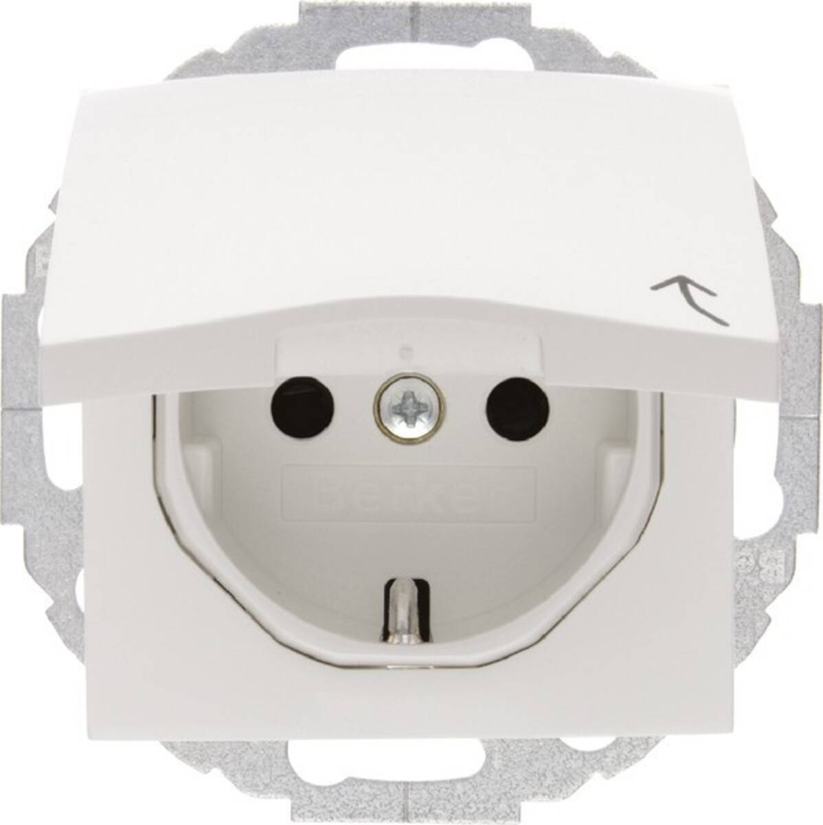 Elektrische Wandsteckdose mit einem teilweise geöffneten weißen Schutzdeckel, der eine runde Steckdoseninnenöffnung und einen Erdungsbolzen zeigt.