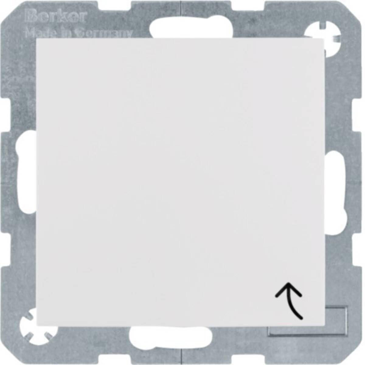 Weißer blanker Schalter-Wippschalter auf einem grauen Metallmontagebügel, mit einem kleinen Aufwärtspfeil-Symbol unten rechts.