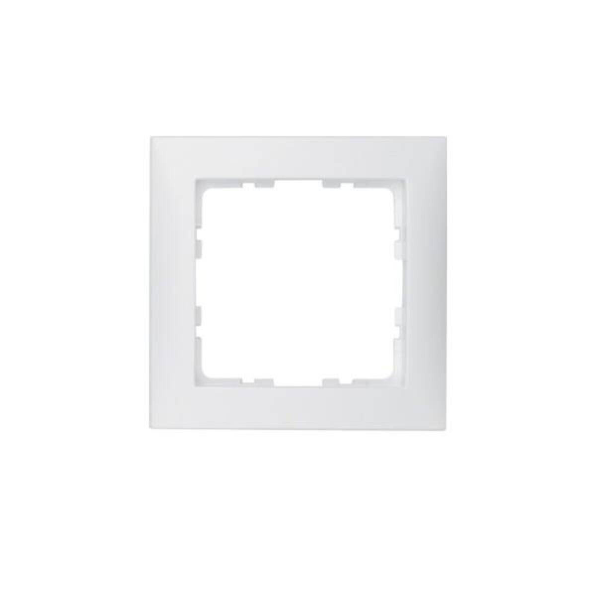 Eine weiße, quadratische Abdeckplatte für einen elektrischen Schalter mit einer zentralen Aussparung, die für die Installation eines einzelnen Schalters an einer Wandoberfläche konzipiert ist.