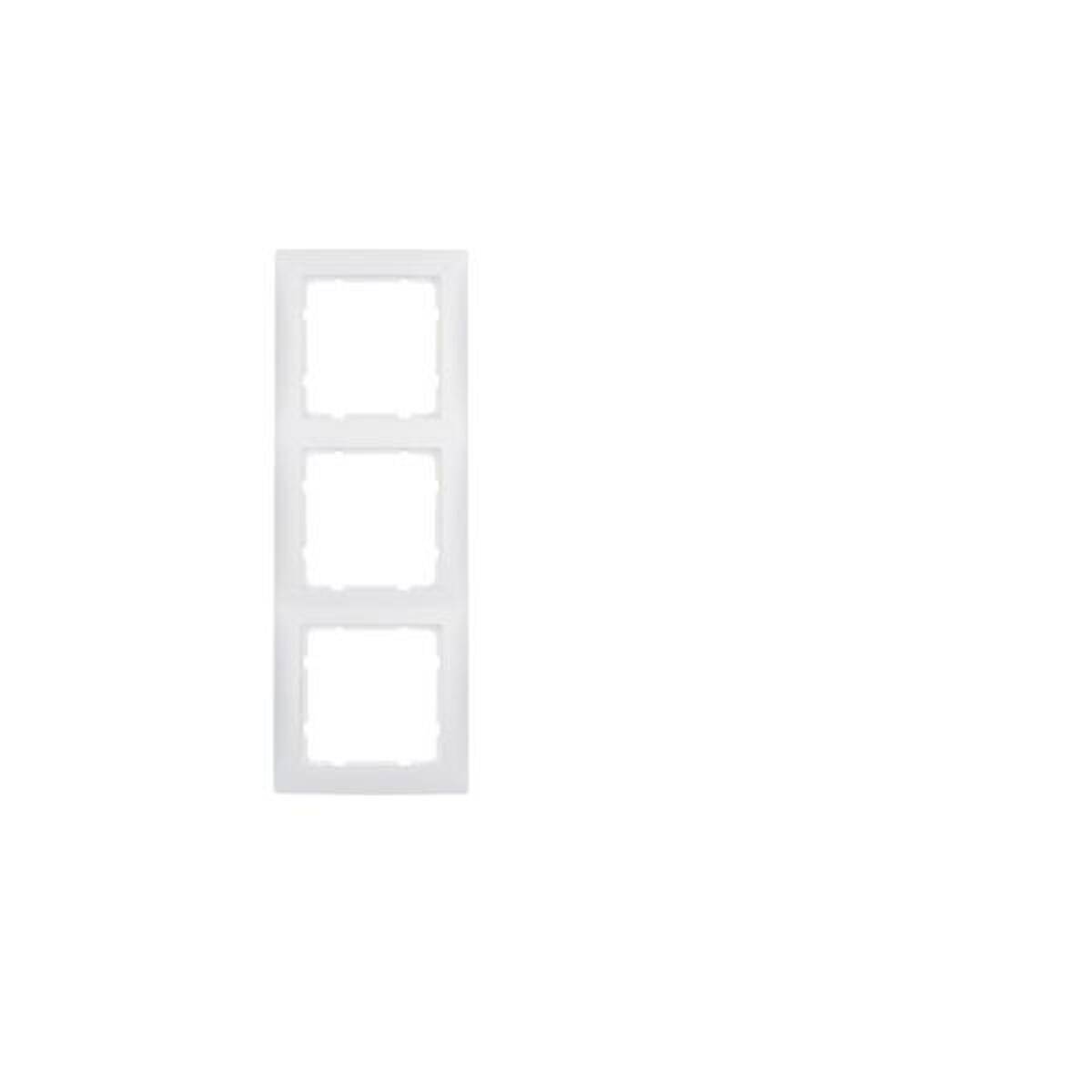 Dreifach-Rahmen in Weiß für Wandsteckdosen oder Schalter, vertikal ausgerichtet.
