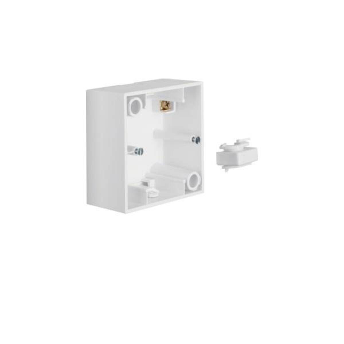 Weißer elektrischer Unterputzdosenkasten mit offener Abdeckung, bei dem die Innenkomponenten und Schraubenlöcher zu sehen sind, isoliert auf weißem Hintergrund.