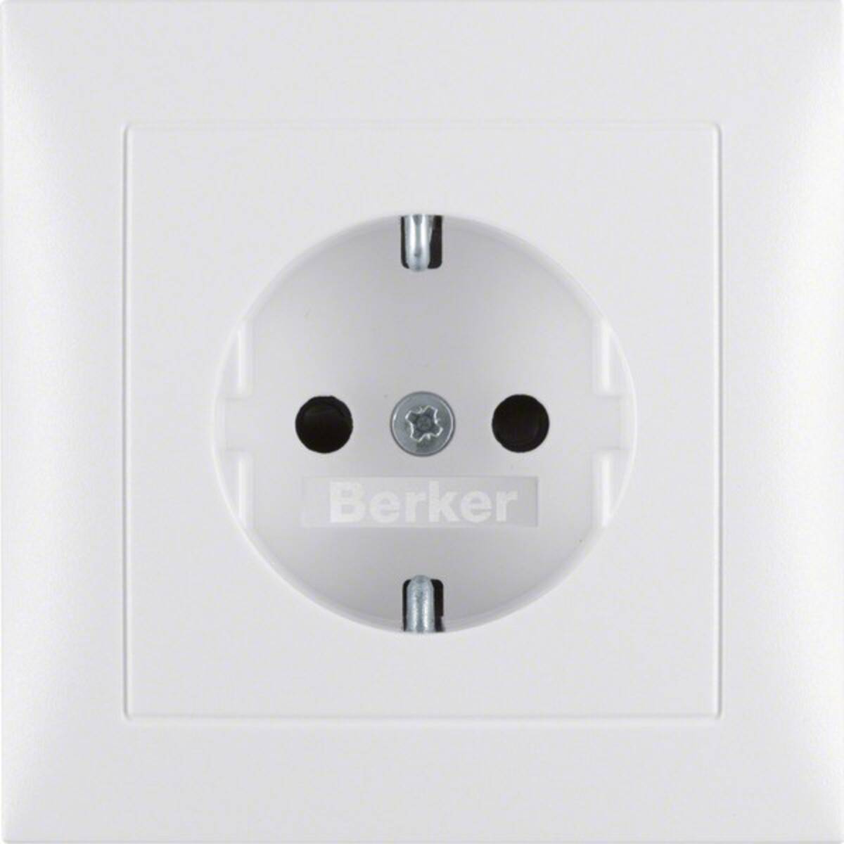 Eine weiße elektrische Wandsteckdose mit einer runden Öffnung und zwei sichtbaren Steckern, mit der Marke 'Berker' versehen.