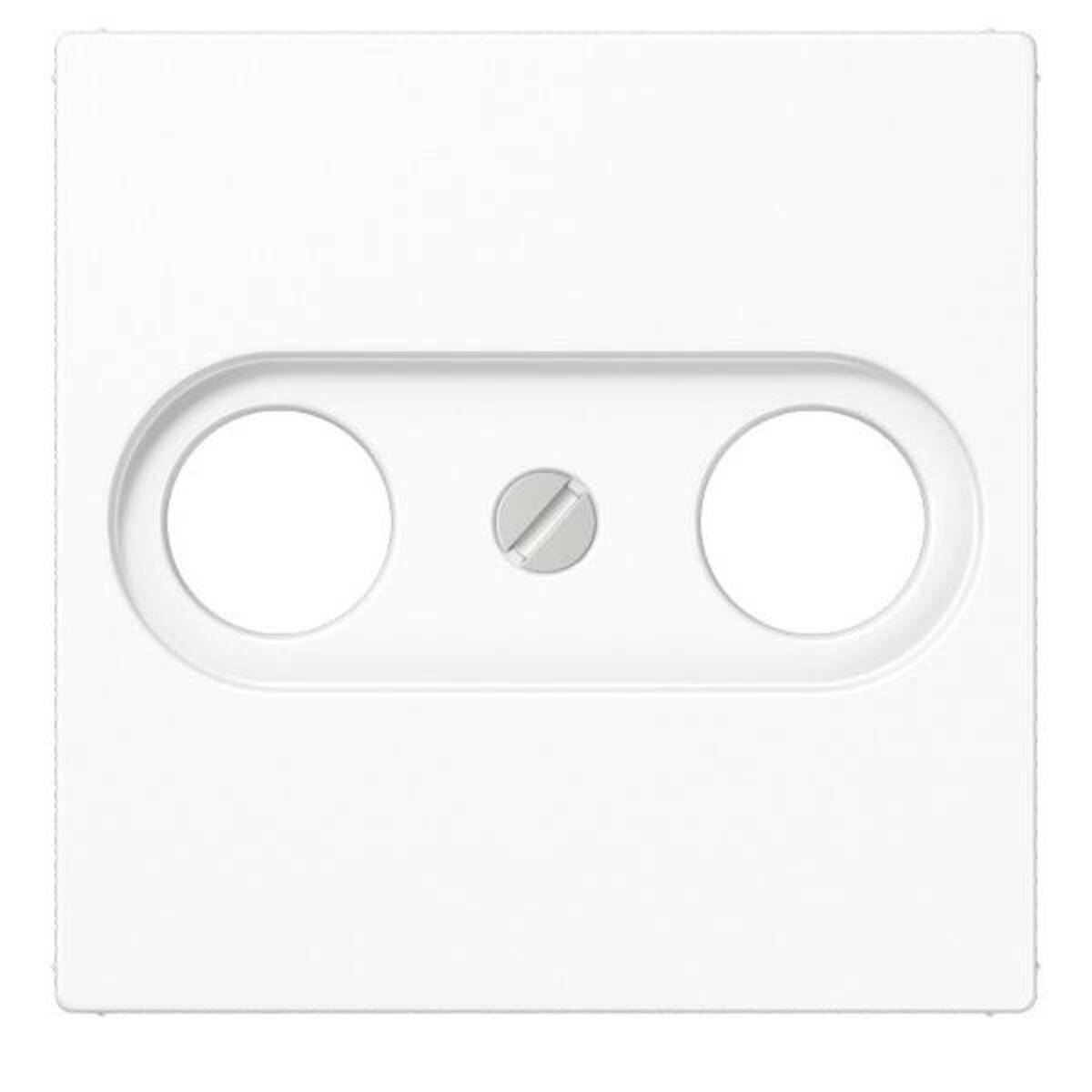 Weiße quadratische elektrische Wandabdeckung mit zwei kreisrunden Öffnungen und einer zentralen Schraube zum Befestigen.