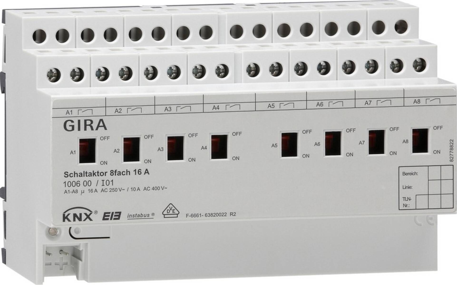 GIRA KNX/EIB 8-Kanal-Schaltaktor-Modul mit der Bezeichnung „Schaltaktor 8fach 16 A
