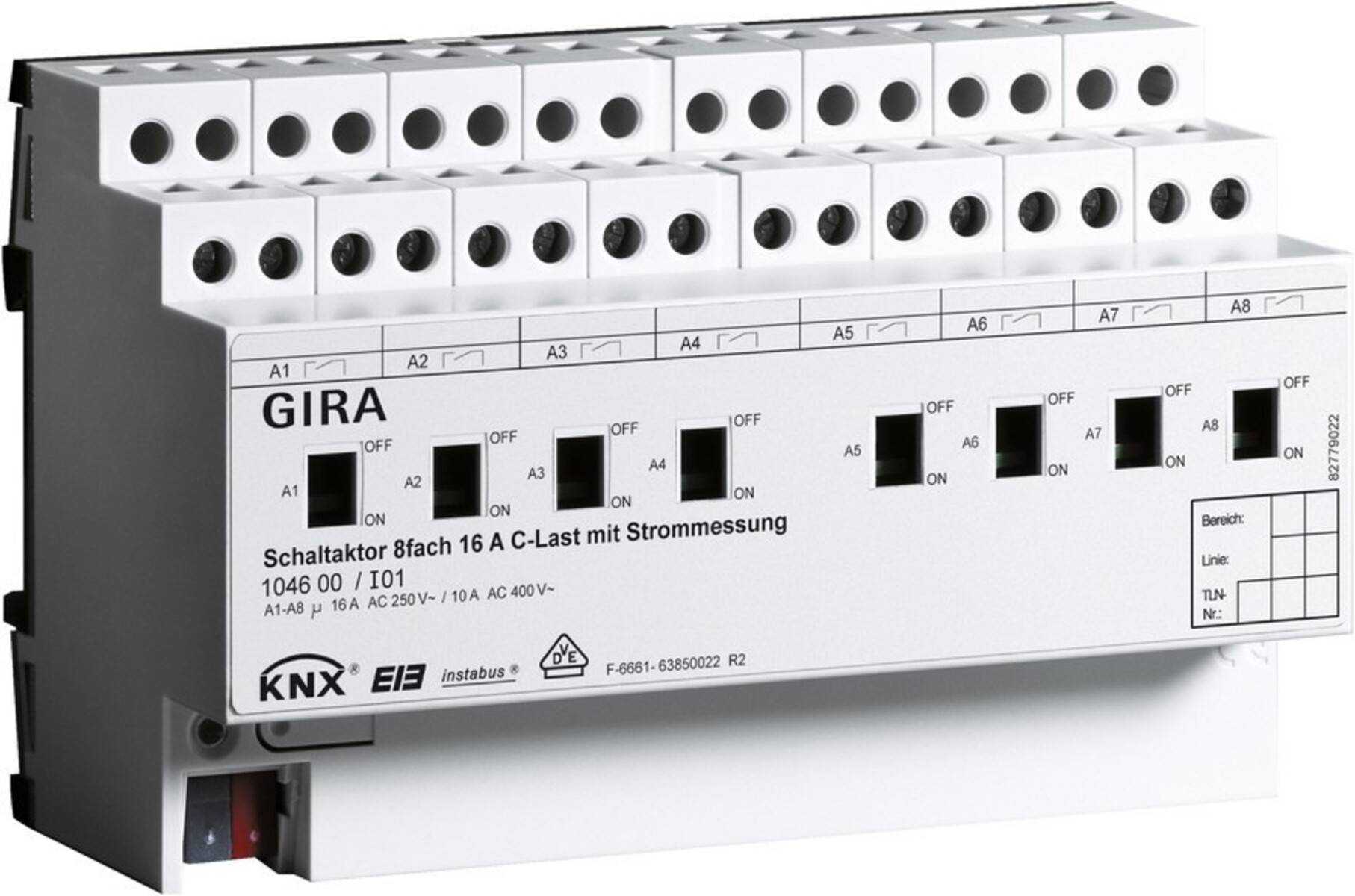 GIRA KNX/EIB 8-Kanal-Hutschienen-Schaltaktor mit den Bezeichnungen A1–A8, Ein-/Aus-Indikatoren und Anschlüsse für die elektrische Steuerung.