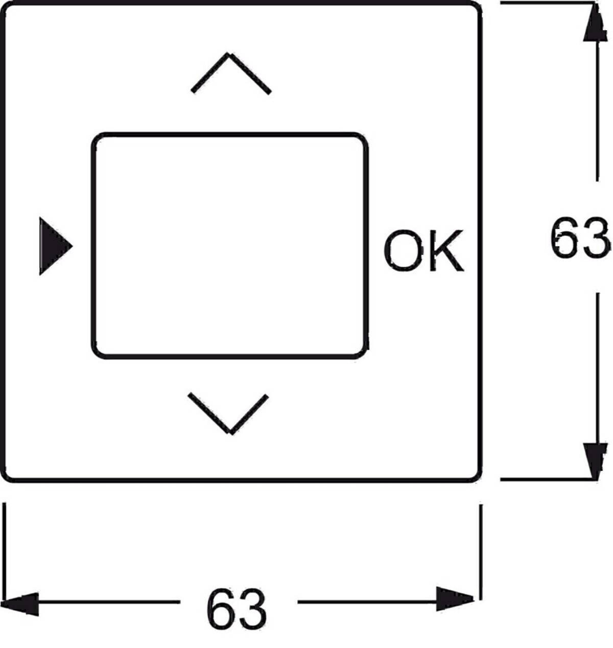 Diagramm eines quadratischen Schaltflächenpanels mit der Bezeichnung „OK" mit Pfeilen nach oben und unten, wobei sowohl Breite als auch Höhe mit 63 angegeben sind.