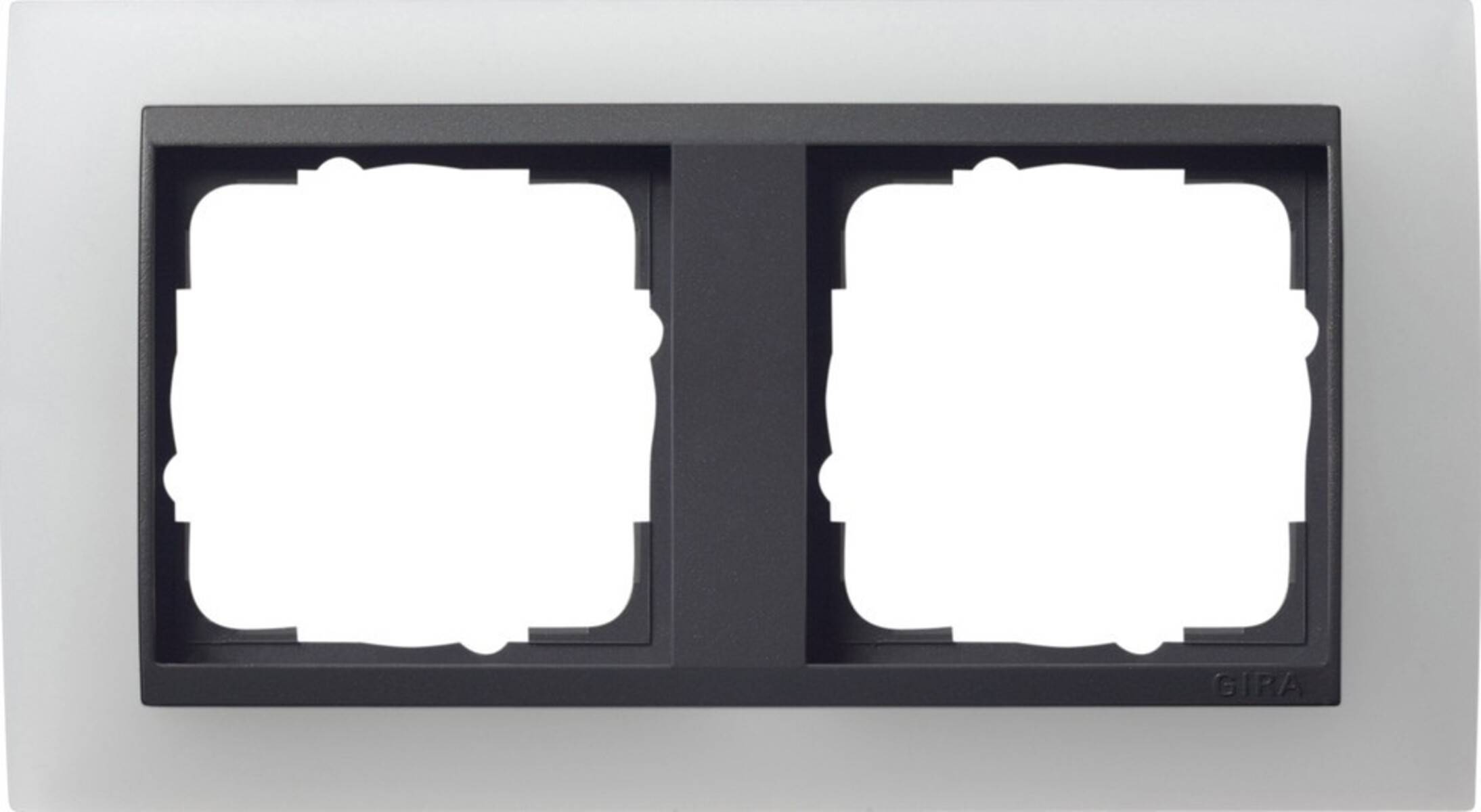 Eine dunkelgraue zweigeteilte Wandabdeckung mit zwei leeren rechteckigen Öffnungen für elektrische Schalter oder Steckdosen.