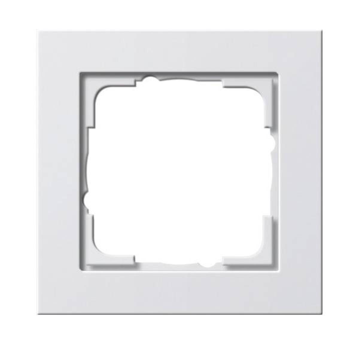 Weiße quadratische Wandplatte mit zentralem leeren Ausschnitt für einen elektrischen Schalter oder eine Steckdose.