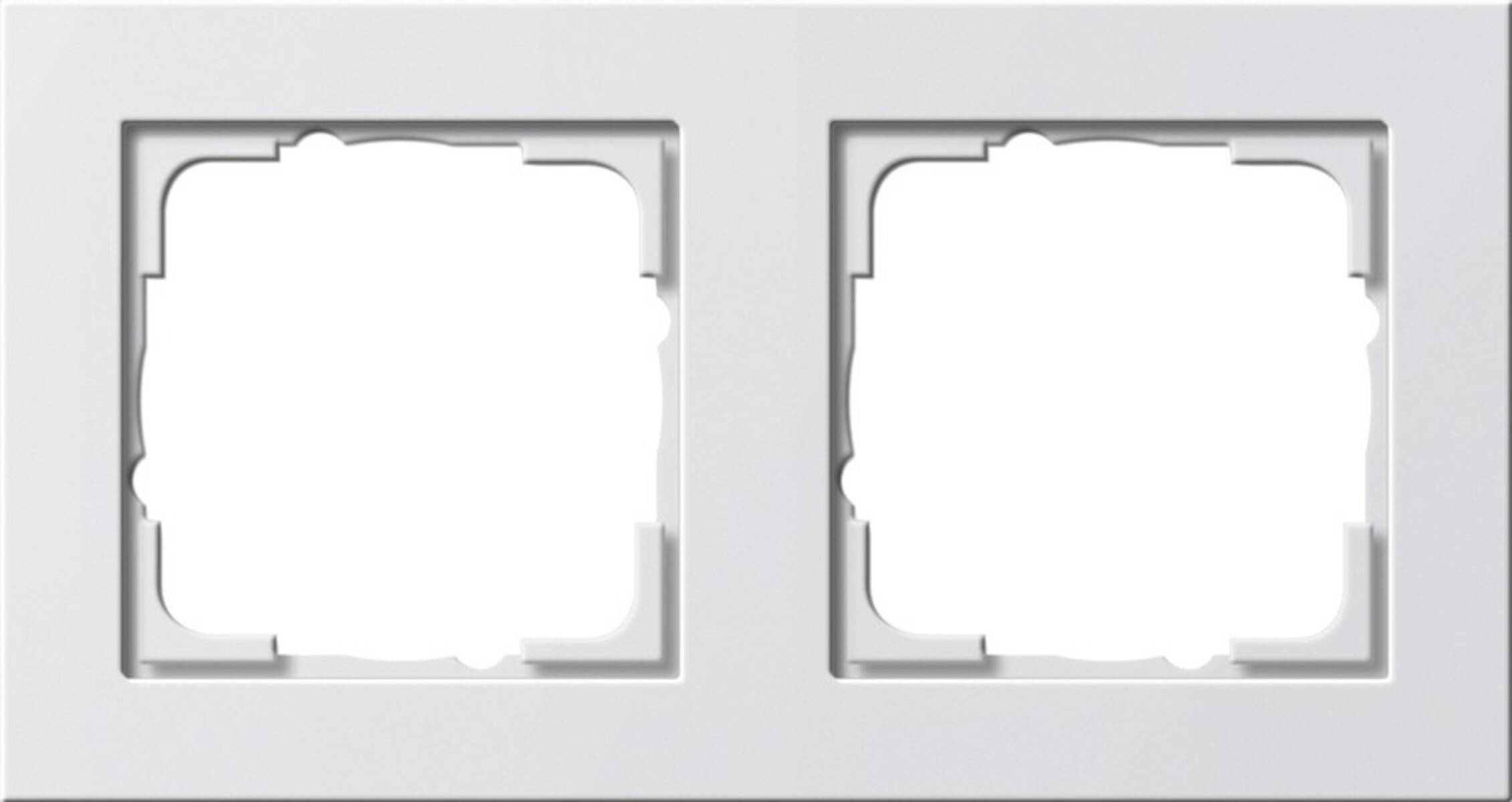 Weiße Wandplatte mit zwei leeren quadratischen Öffnungen für Steckdosen oder Schalter.