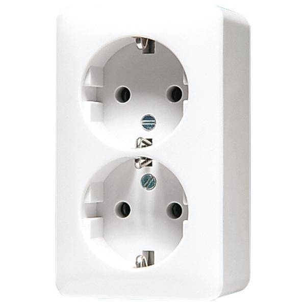 Eine weiße doppelte Steckdose, an einer Wand montiert, mit zwei kreisrunden Öffnungen, die für europäische Stecker ausgelegt sind.