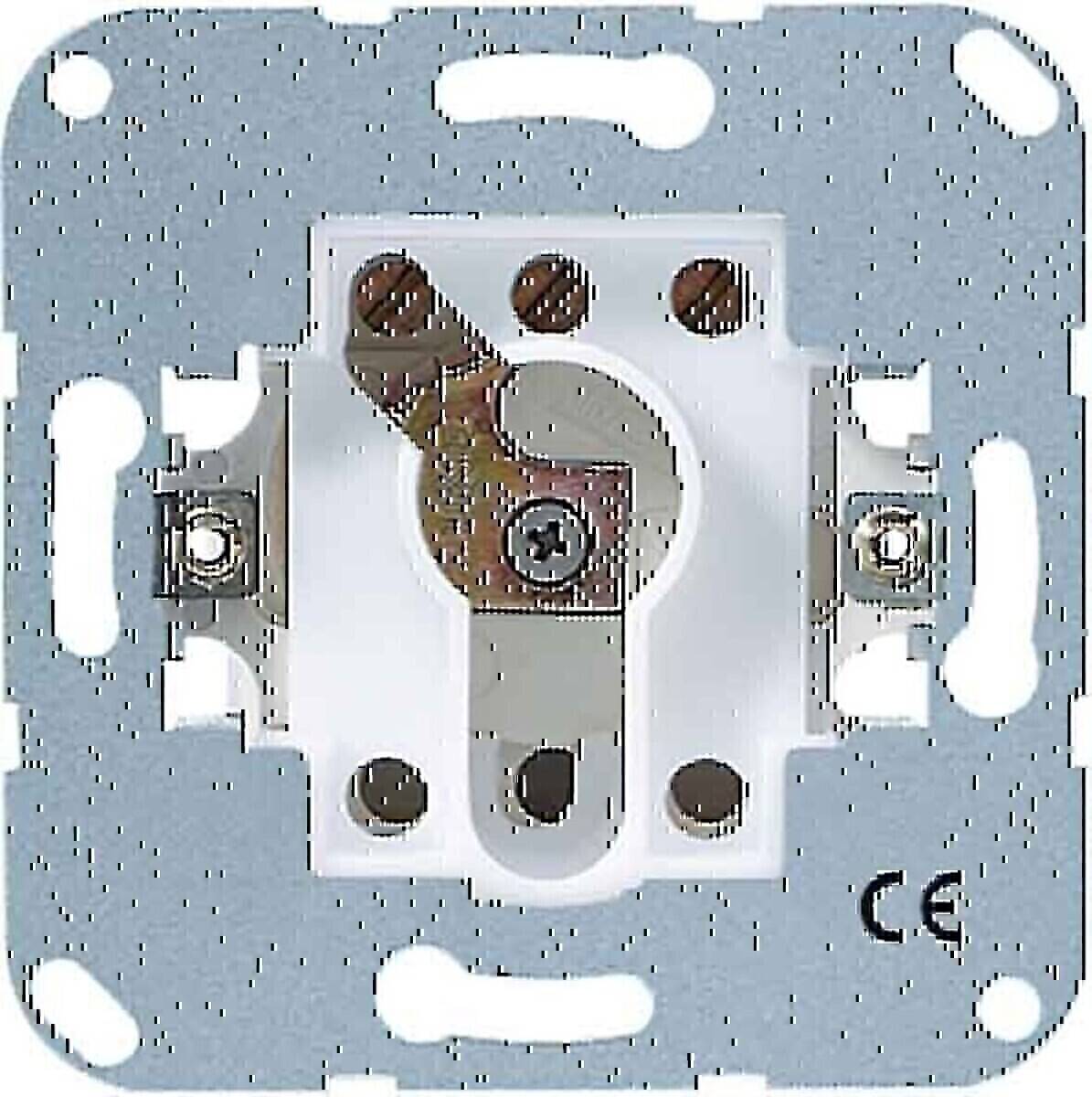 Elektrischer Lichtschalter-Sockel Innenkomponente, montiert auf einer Metallplatte mit sichtbaren Anschlusspunkten, CE-gekennzeichnet.