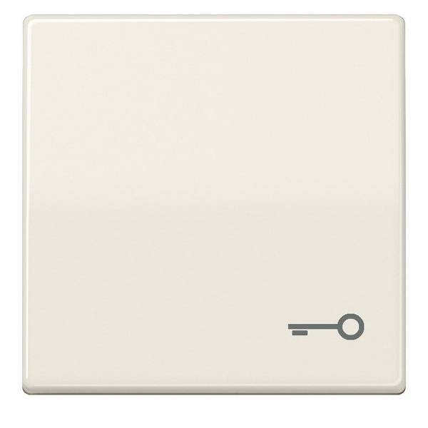 Ein beige Lichtschalter mit einem dezenten Schlüsselsymbol in der unteren rechten Ecke, das möglicherweise eine Sperrfunktion andeutet.