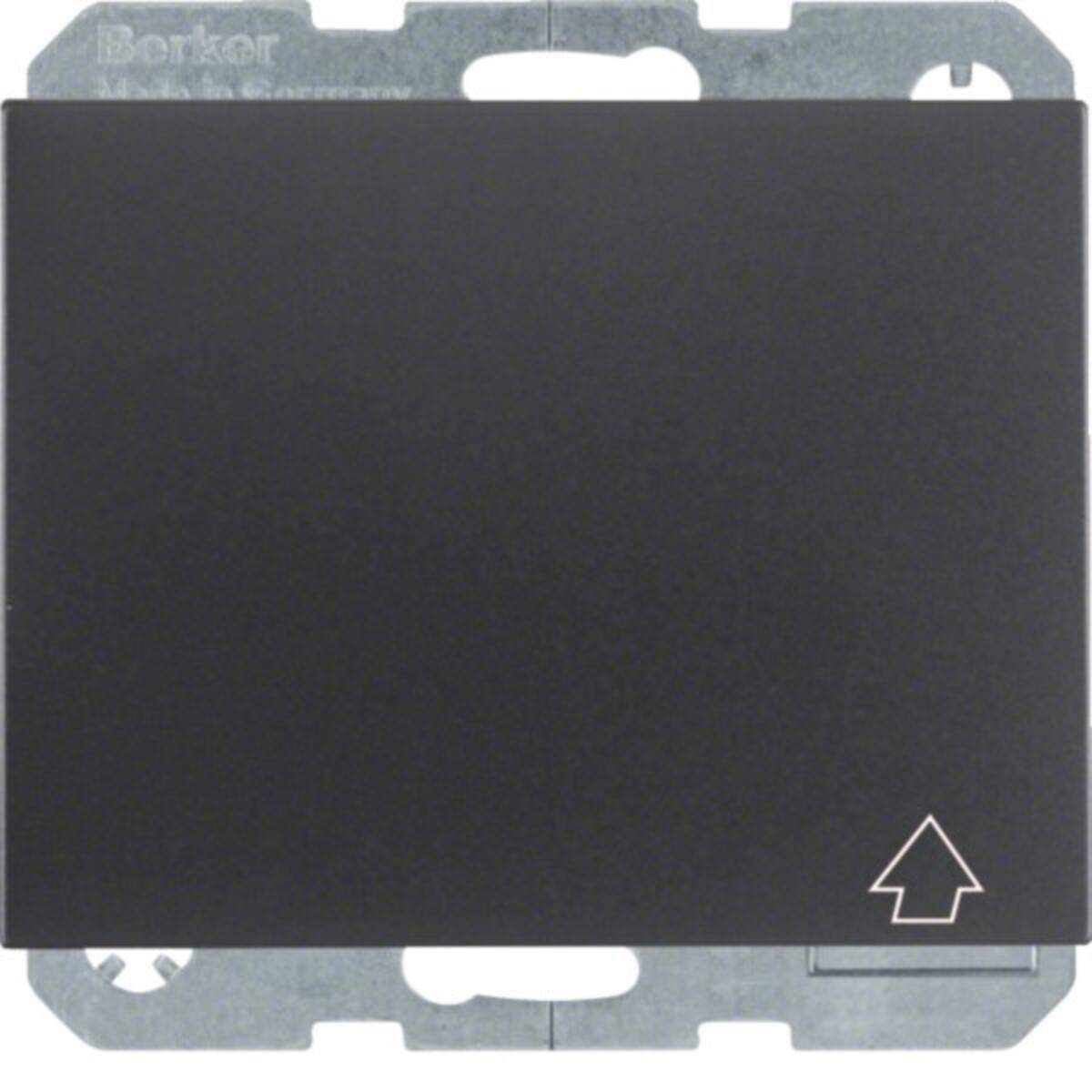 Schwarze Wandschalterabdeckplatte mit weißem Aufwärtspfeil-Symbol unten rechts.
