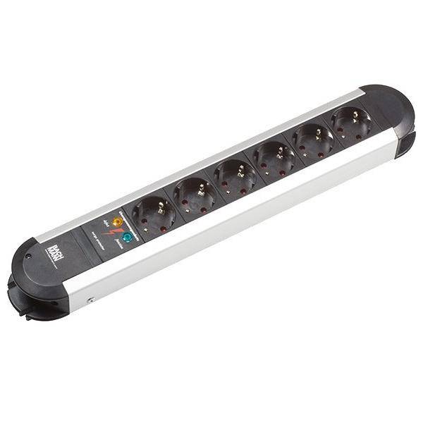 Überspannungsschutz-Steckdosenleiste mit sechs Steckdosen und zwei beleuchteten Schaltern, entwickelt für die Sicherheit elektronischer Geräte.