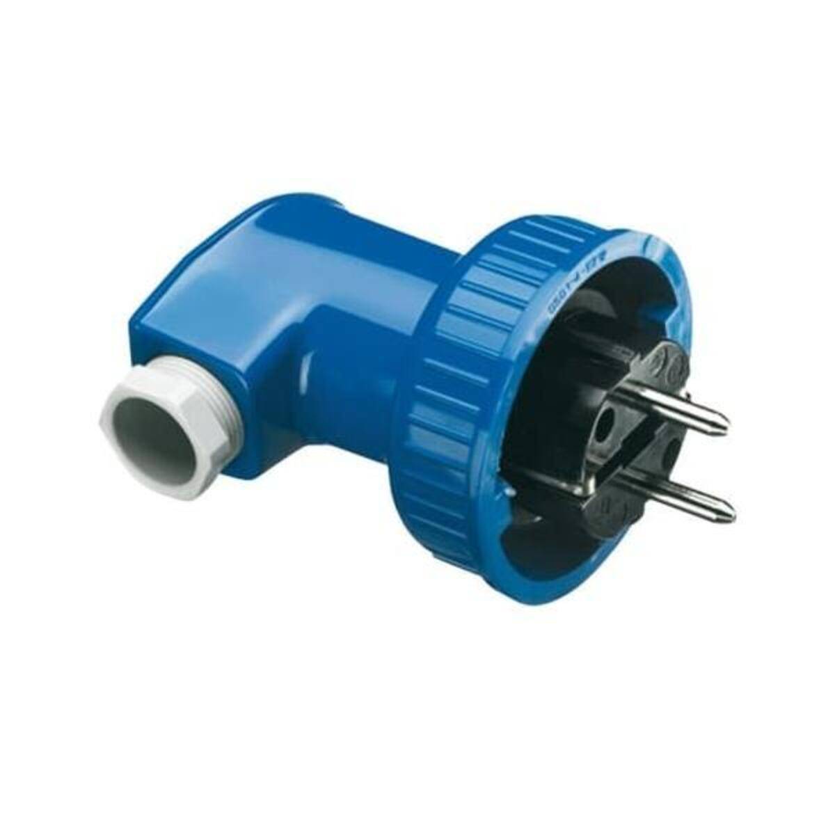 Blauer Industrie-Elektrostecker mit seitlichem Kabeleingang und zwei Metallkontakten, gezeigt auf weißem Hintergrund.