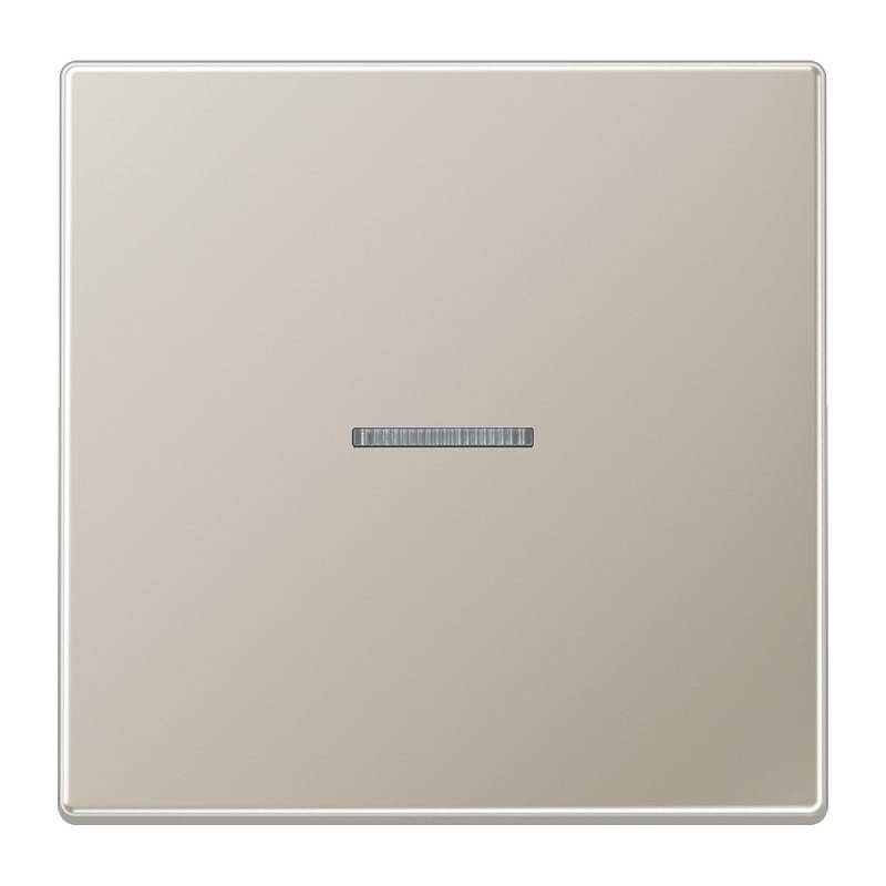 Beige quadratische Wandschalter- oder Dimmerplatte mit einem kleinen horizontalen Indikator in der Mitte.