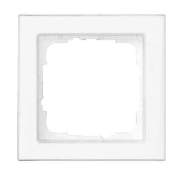 Ein weißer Wandsteckdosenrahmen mit quadratischem Ausschnitt in der Mitte, entworfen für eine einzelne Steckdose oder einen Schalter. Minimalistischer und moderner Stil.
