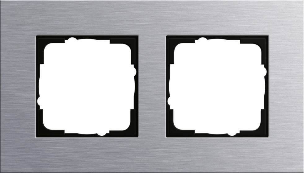 Ein gebürsteter Metallrahmen mit zwei quadratischen Öffnungen, geeignet zum Halten von Schaltern oder Steckdosen.